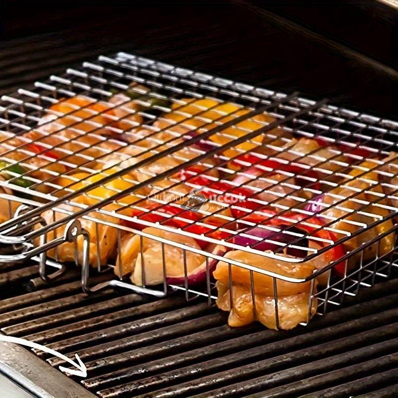 1db Nagy Rozsdamentes Acél BBQ Grillkosár Fogantyúval