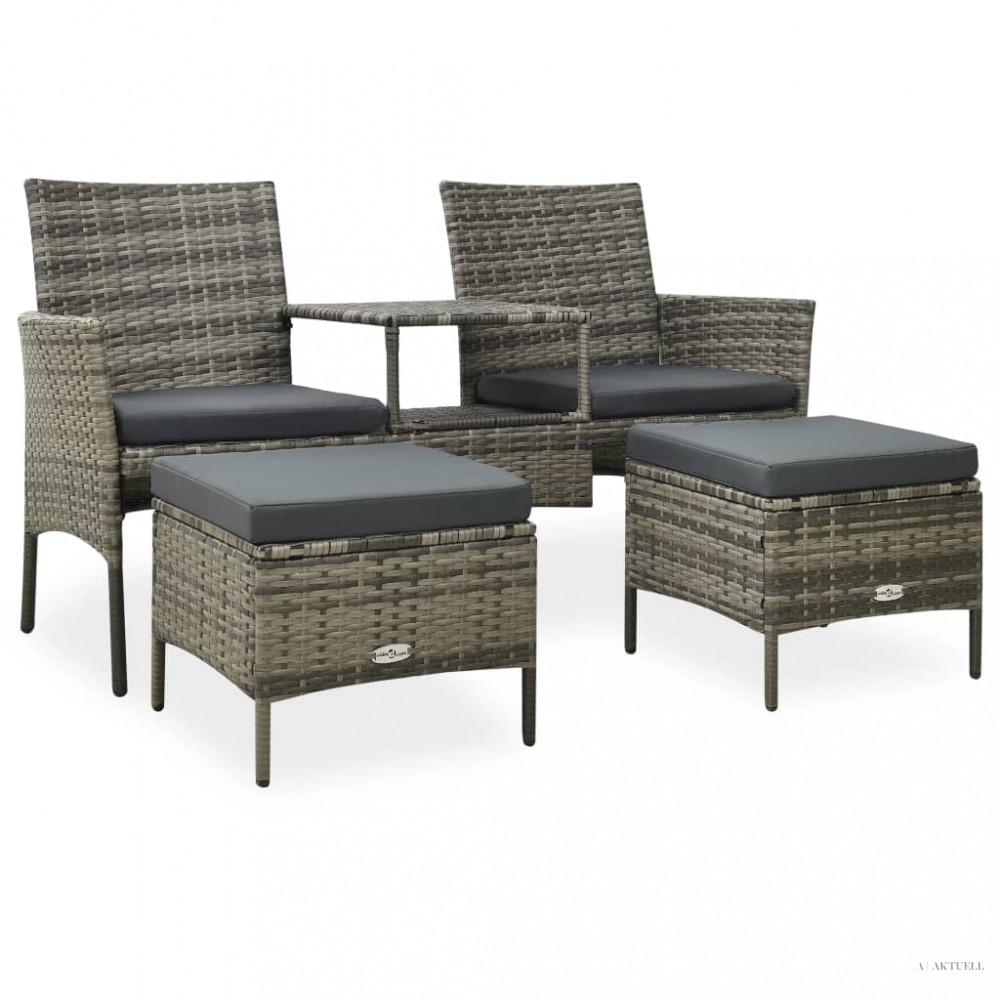 2 személyes szürke polyrattan kerti kanapé asztallal/zsámollyal