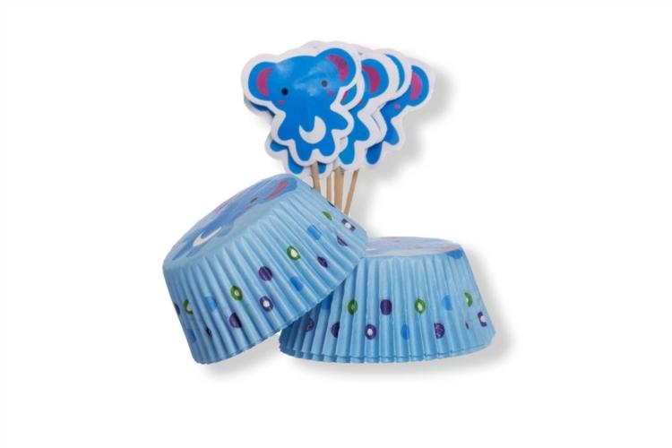 24 adagos Party Go kék elefántos muffin papír és muffin díszítő készlet