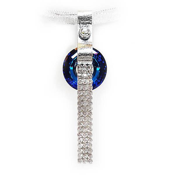3 kősoros organza szalagos nyakék- Bermuda Blue- Swarovski kristályos -Disk Medál