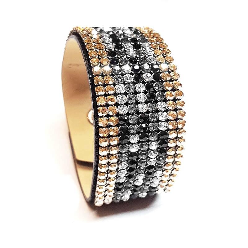 9 kősoros bőr karkötő- Golden Shadow,Jet, Black Diamond, Crystal- Swarovski kristályos
