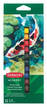Akrilfesték, 12 ml, DERWENT "Academy", 12 különböző szín