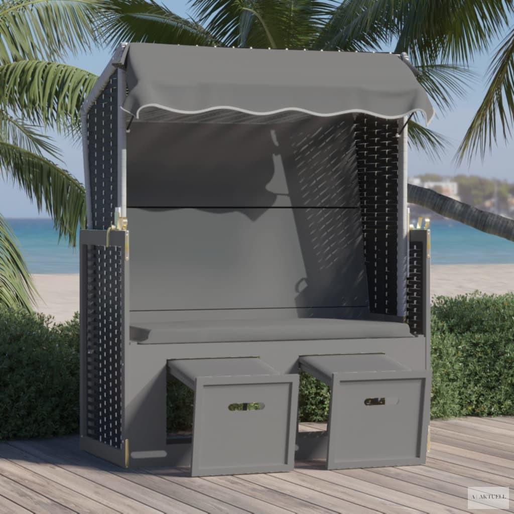 Antracitszürke/fekete polyrattan és tömör fa strandszék tetővel