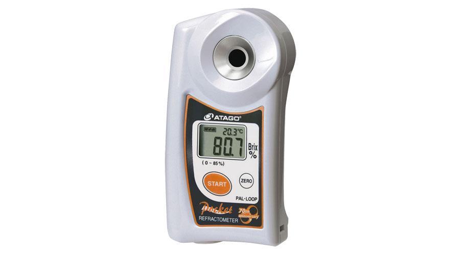 ATAGO PAL-LOOP digitális refraktométer Brix érték (0,0-85％, 0,1%, 10-100°C között) egyszeri és folyamatos mérésére, 100 mérés rögzítése, NFC adatátvitel