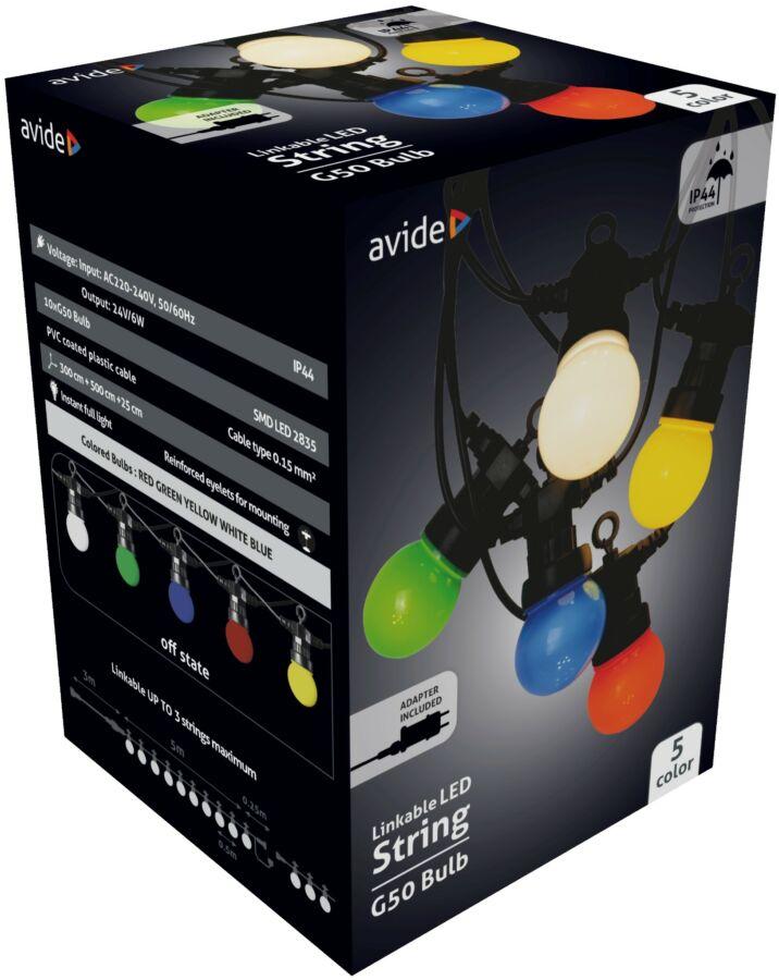 Avide Kültéri Füzér, 5m, Sorolható, 6W, RGB, (Piros/Zöld/Kék/Sárga/Fehér)