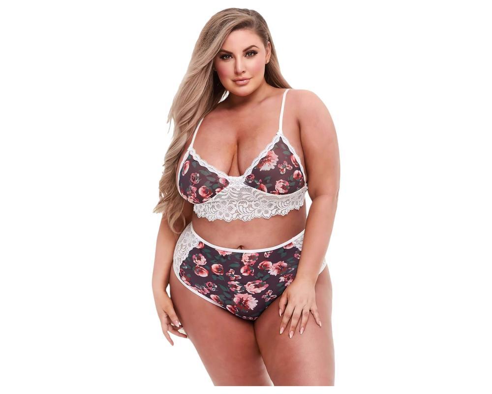 Baci Plus Size - virágos, csipkés melltartó szett