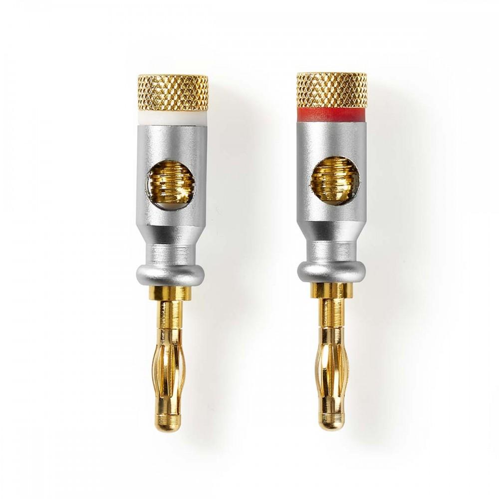 Banán csatlakozó | Egyenes | Dugasz | Aranyozott | Csavar | Bemenő kábel átmérő: 7.0 mm | Zinc Alloy | Ezüst | 2 db | Doboz