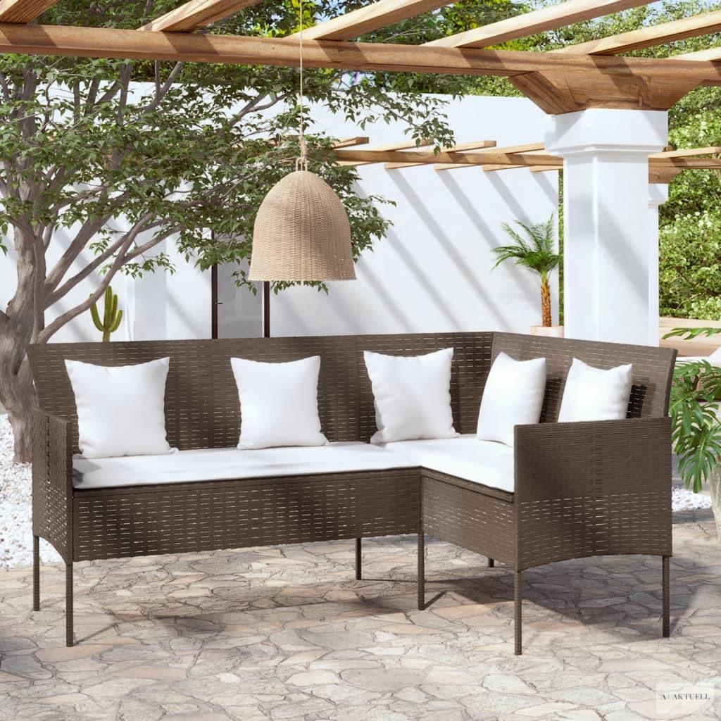 Barna polyrattan L-alakú kanapé párnákkal