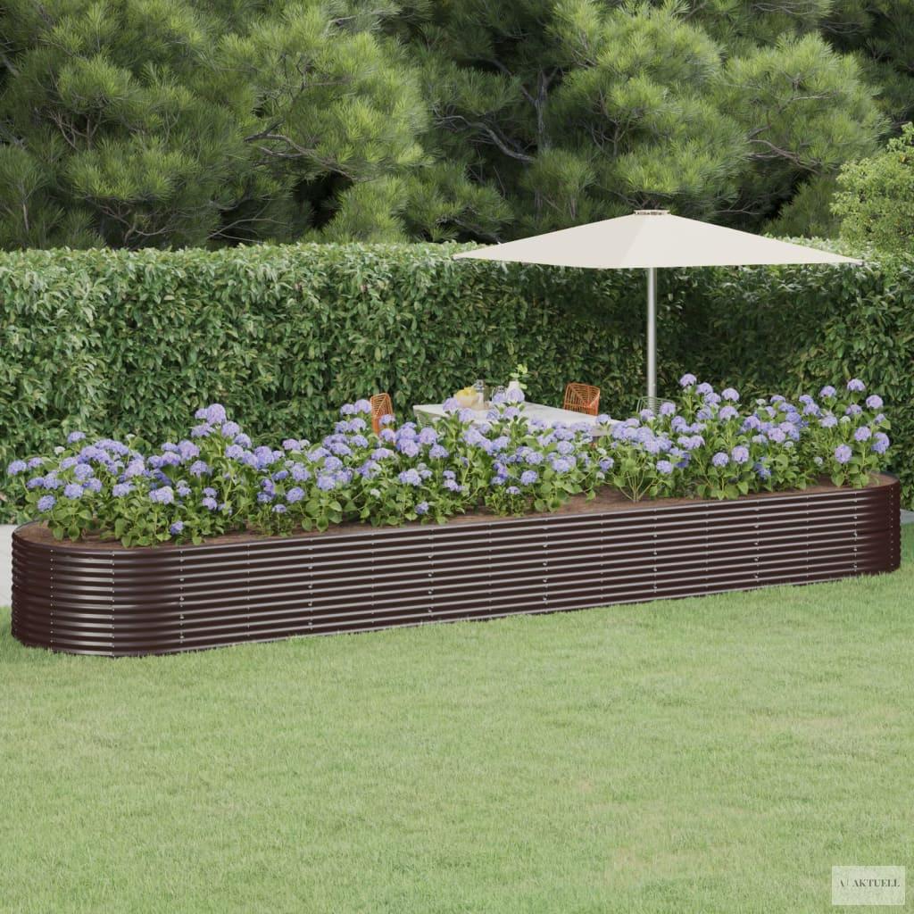 Barna porszórt acél kerti magaságyás 584x140x68 cm