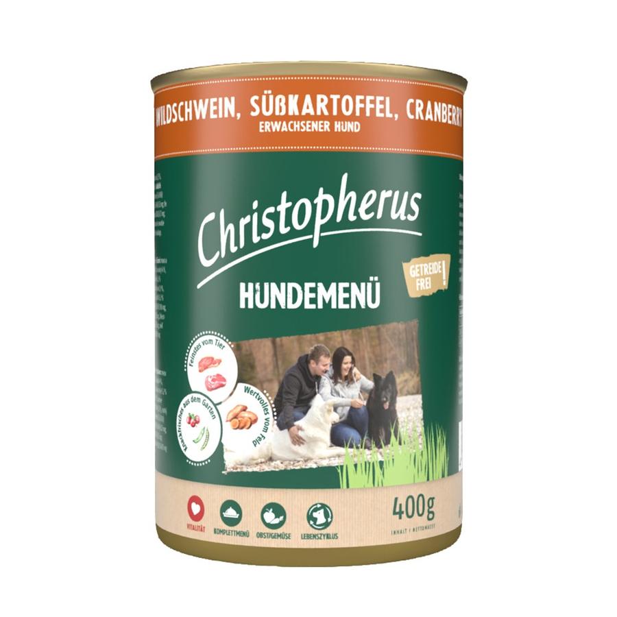 Christopherus Dog konzerv menü vaddisznó. édesburgonya, áfonya 800g