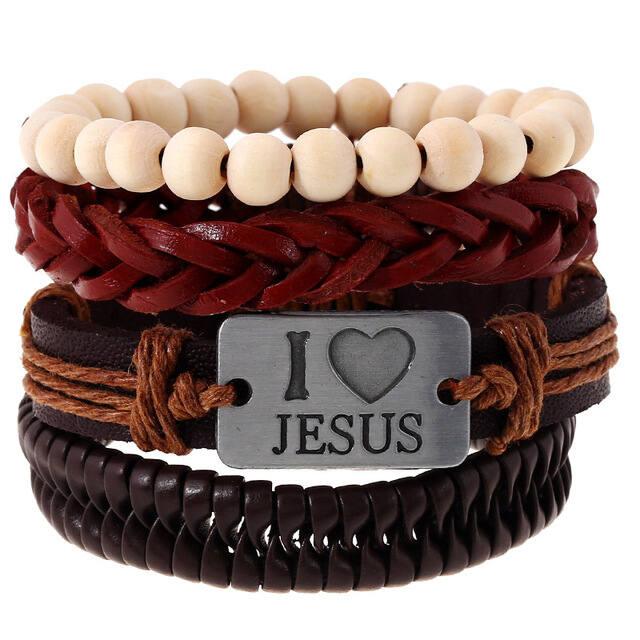 Cool - valódi bőr férfi  karkötő szett  - I Love Jesus