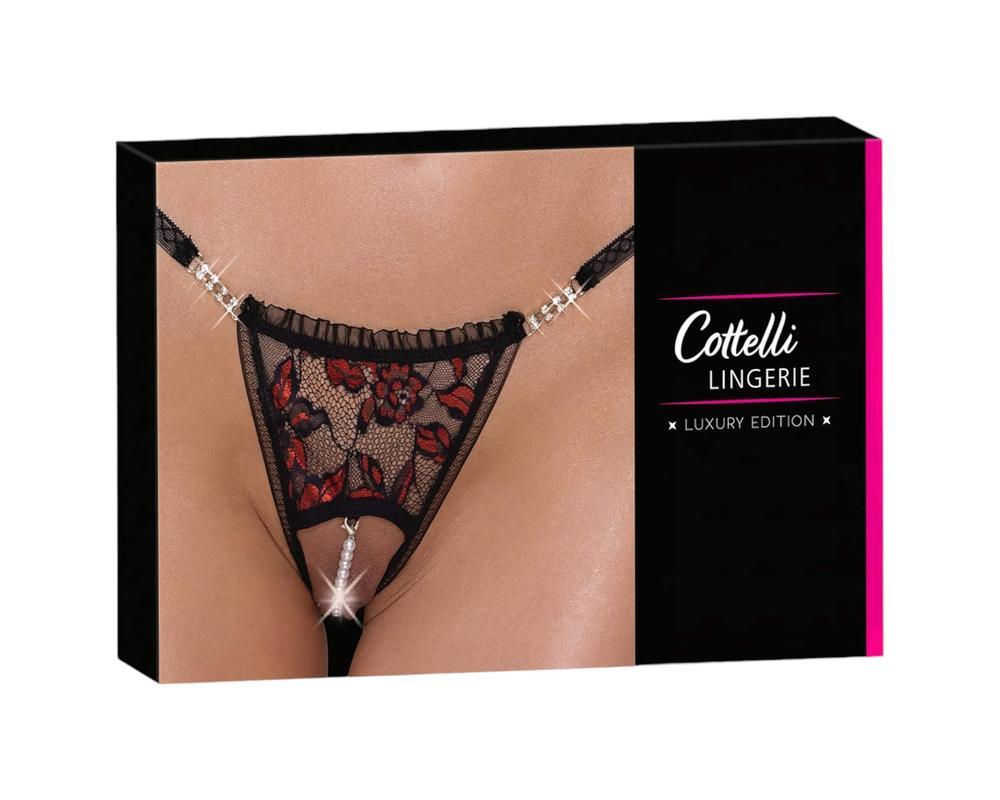 Cottelli - luxus, rózsás gyöngyös tanga (fekete)