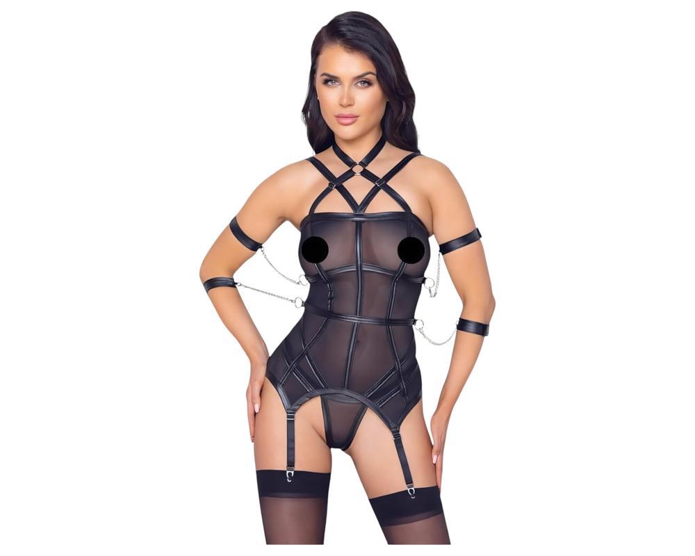 Cottelli Bondage - pántos felső, kar bilincs és tanga (fekete)