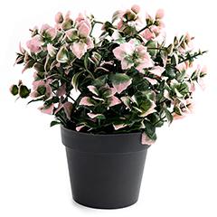 Cserepes művirág rózsaszín virágokkal és zöld levelekkel 22 cm