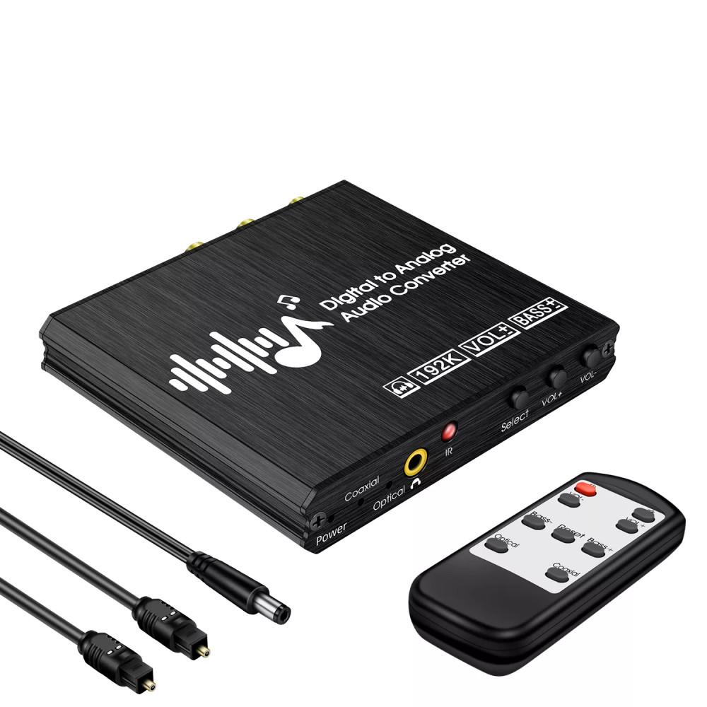 DAC digitális-analóg audio konverter távirányítóval, 192 kHz-es hangerőszabályzóval és basszus beállítással, optikai