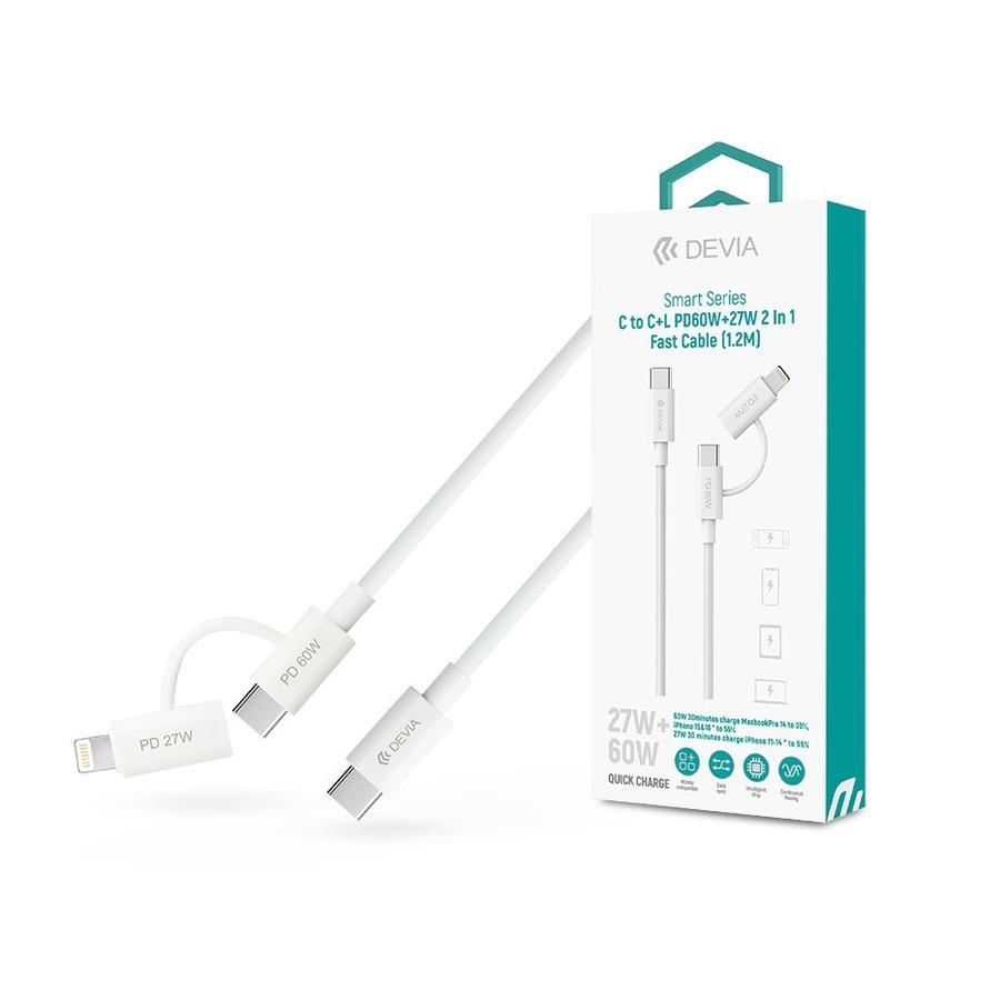 Devia Smart Series 60W+27W PD Type-C/Type-C + Lightning adat- és töltőkábel 1.2m - fehér