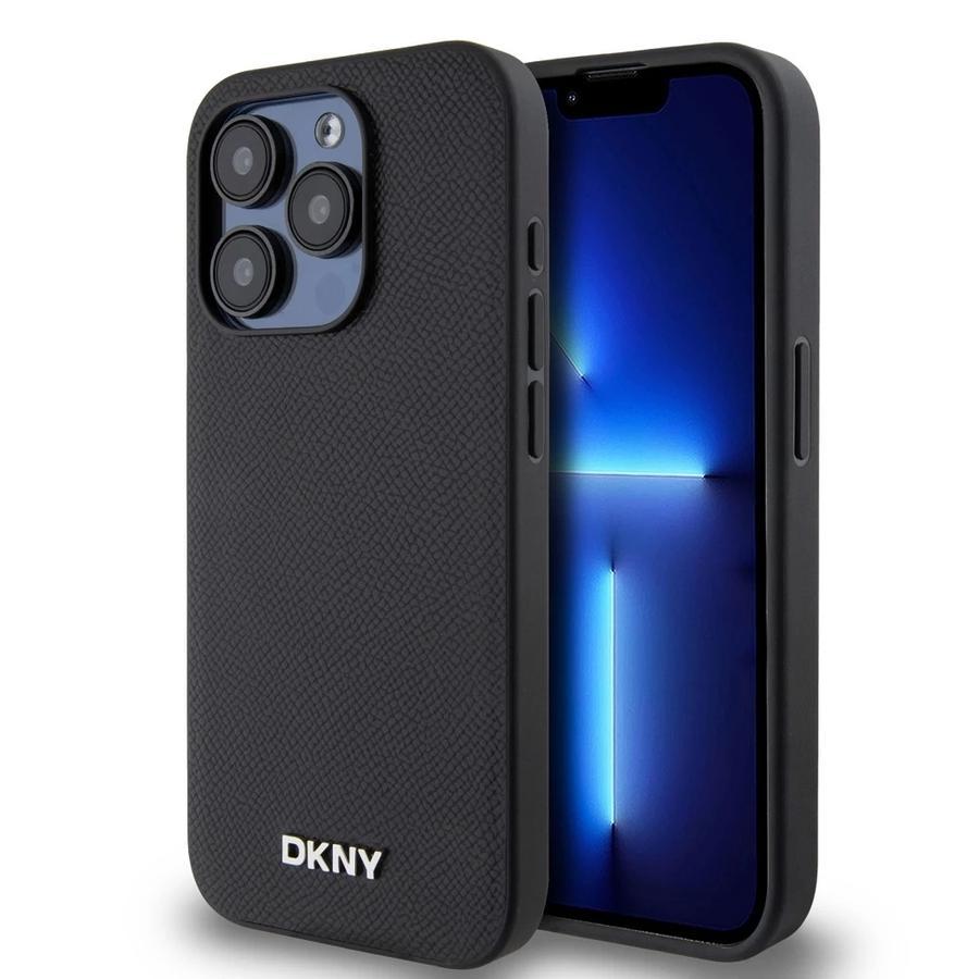 DKNY PU bőr Silver Metal Logo Magsafe tok iPhone 15 Pro készülékhez fekete