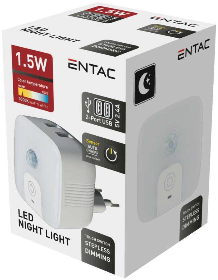 Entac Mozgásérzékelős Led éjjeli fény 2 USB csatlakozóval, Meleg fehér, 3000K 