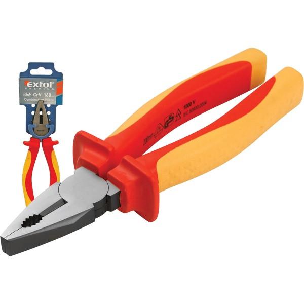 EXTOL PREMIUM kombinált fogó, 160mm, szigetelt,1000V VDE, DIN ISO 5746, CV, duál piros/sárga nyél, akasztós szerszámtartó 8813170
