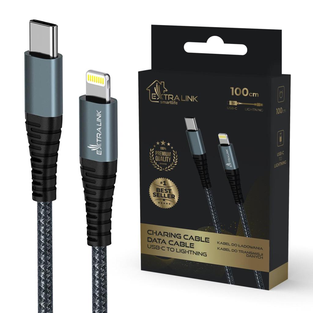 Extralink Smart Life kábel, 27W, USB-C to Lightning, 100 cm, TPE, 9V 3A, fekete