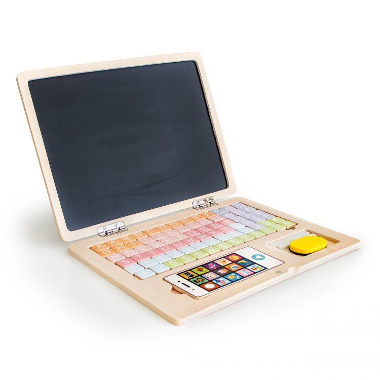 Fából készült mágneses oktató laptop telefonnal és betűkkel