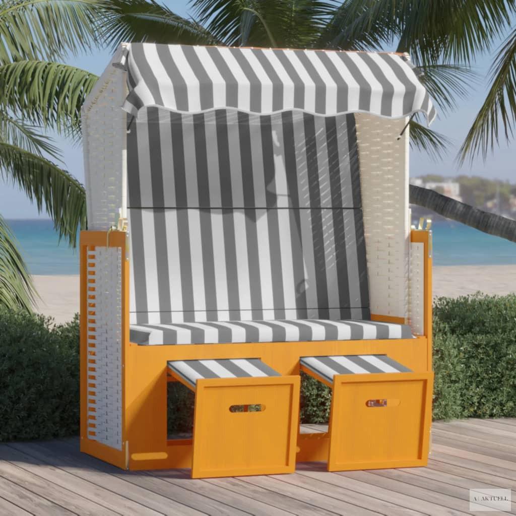 Fehér és szürke polyrattan és tömör fa strandszék tetővel