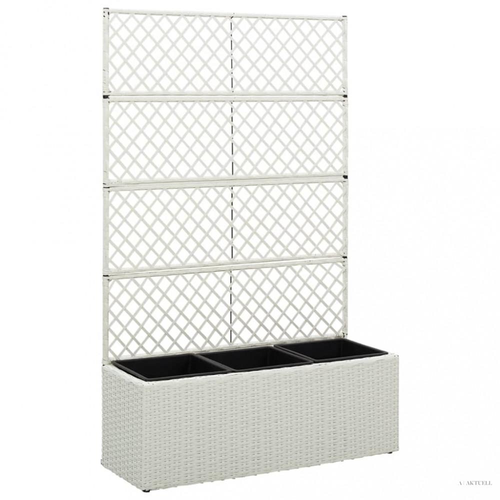 Fehér rácsos polyrattan magaságyás 3 kaspóval 83 x 30 x 130 cm