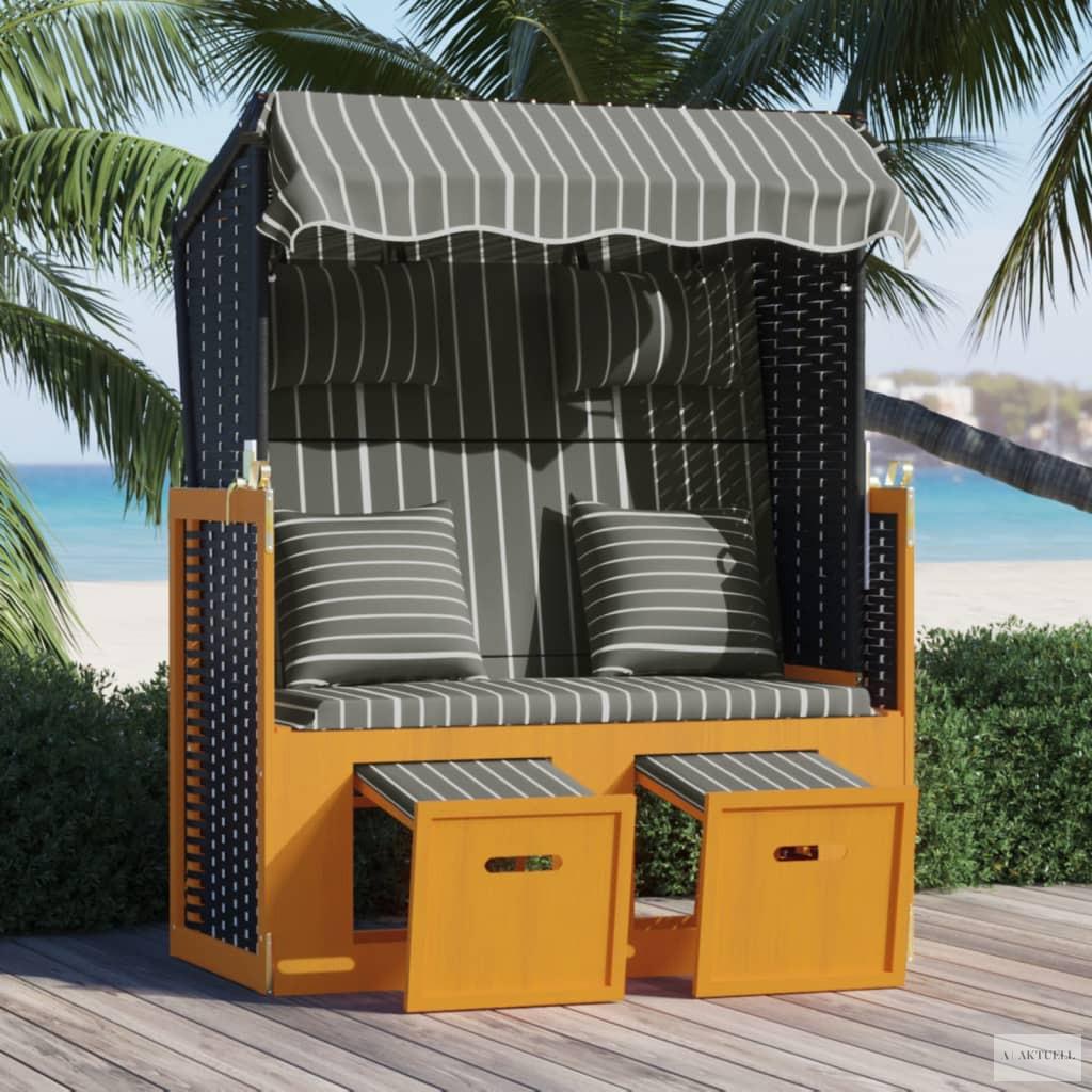 Fekete és szürke polyrattan és tömör fa strandszék párnákkal
