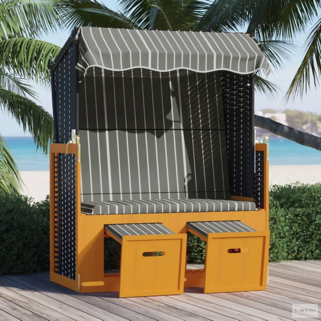 Fekete és szürke polyrattan és tömör fa strandszék tetővel