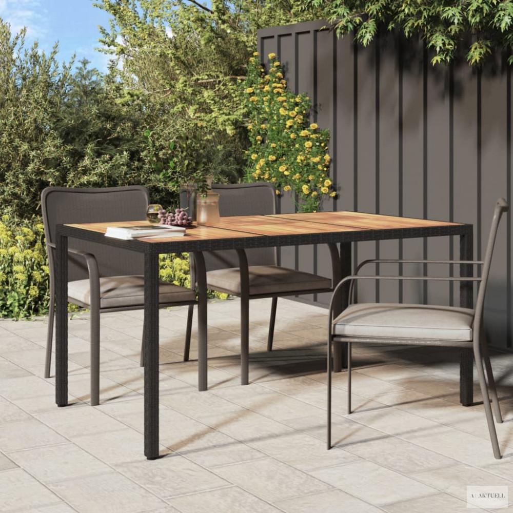 Fekete polyrattan és akácfa kerti asztal 150 x 90 x 75 cm