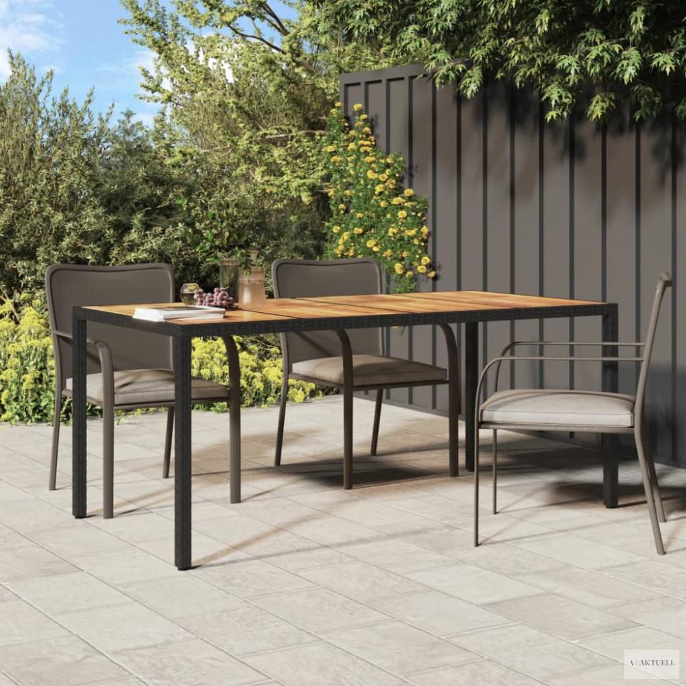 Fekete polyrattan és akácfa kerti asztal 190 x 90 x 75 cm