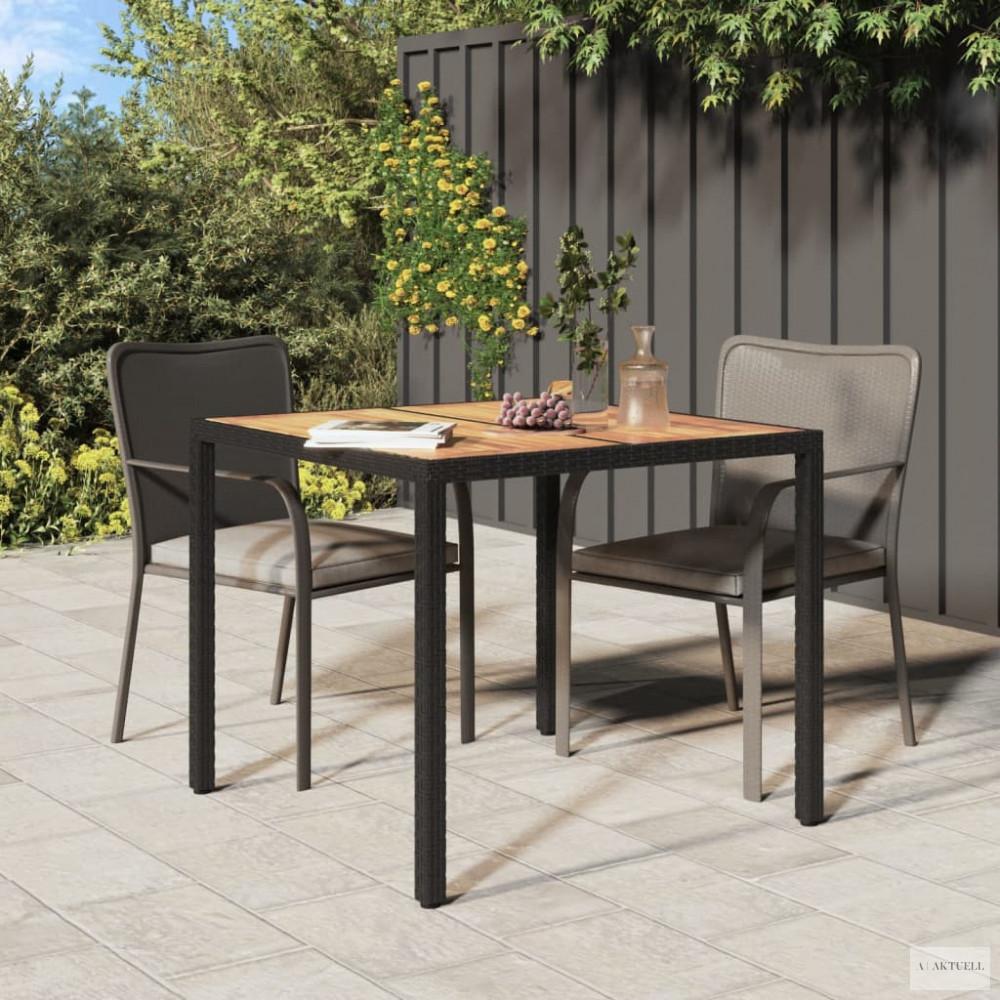 Fekete polyrattan és akácfa kerti asztal 90 x 90 x 75 cm