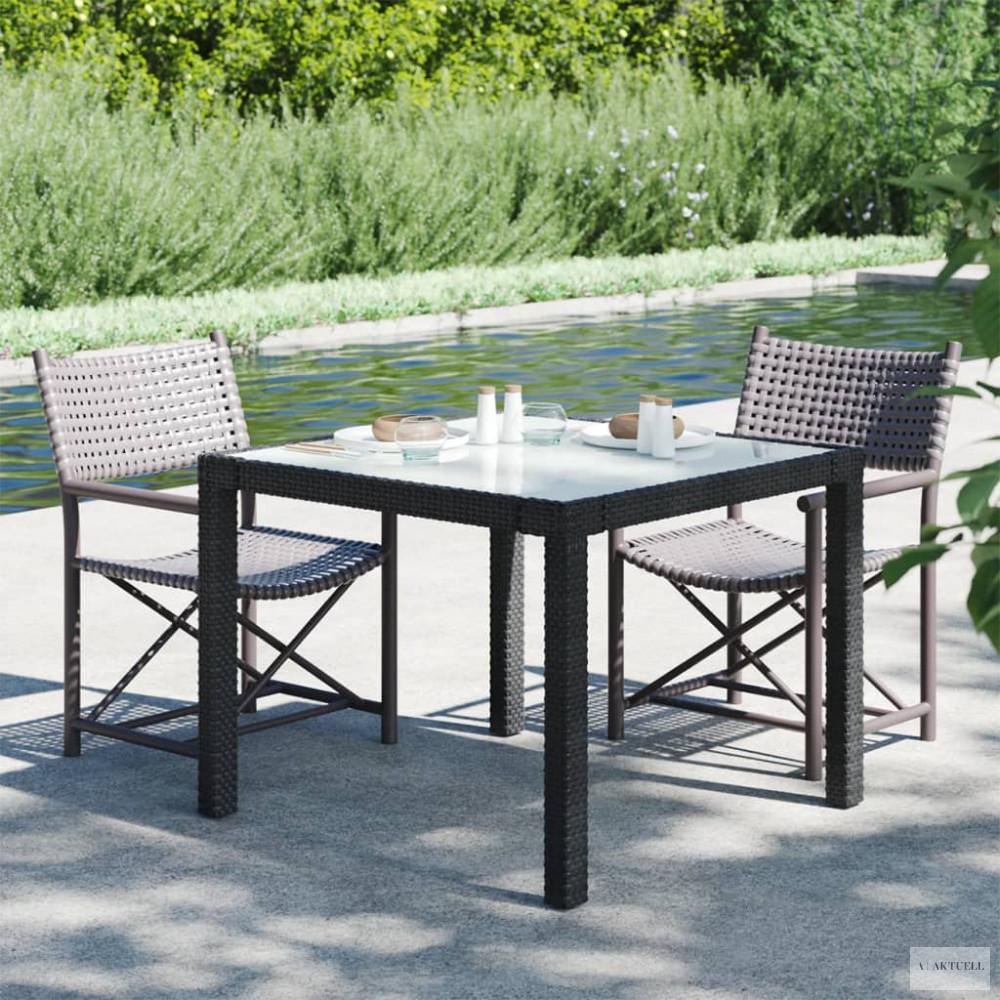 Fekete polyrattan és edzett üveg kerti asztal 90 x 90 x 75 cm