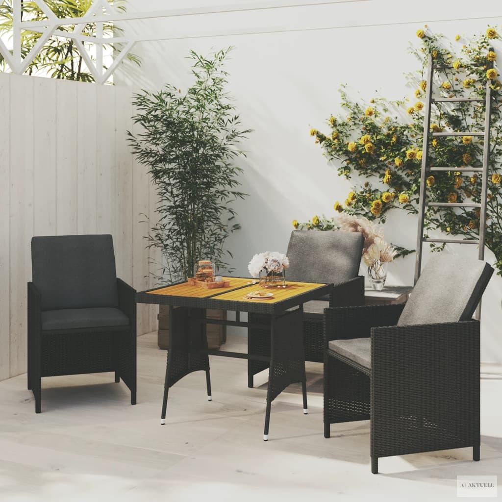 Fekete polyrattan és tömör akácfa kerti asztal 70 x 70 x 72 cm
