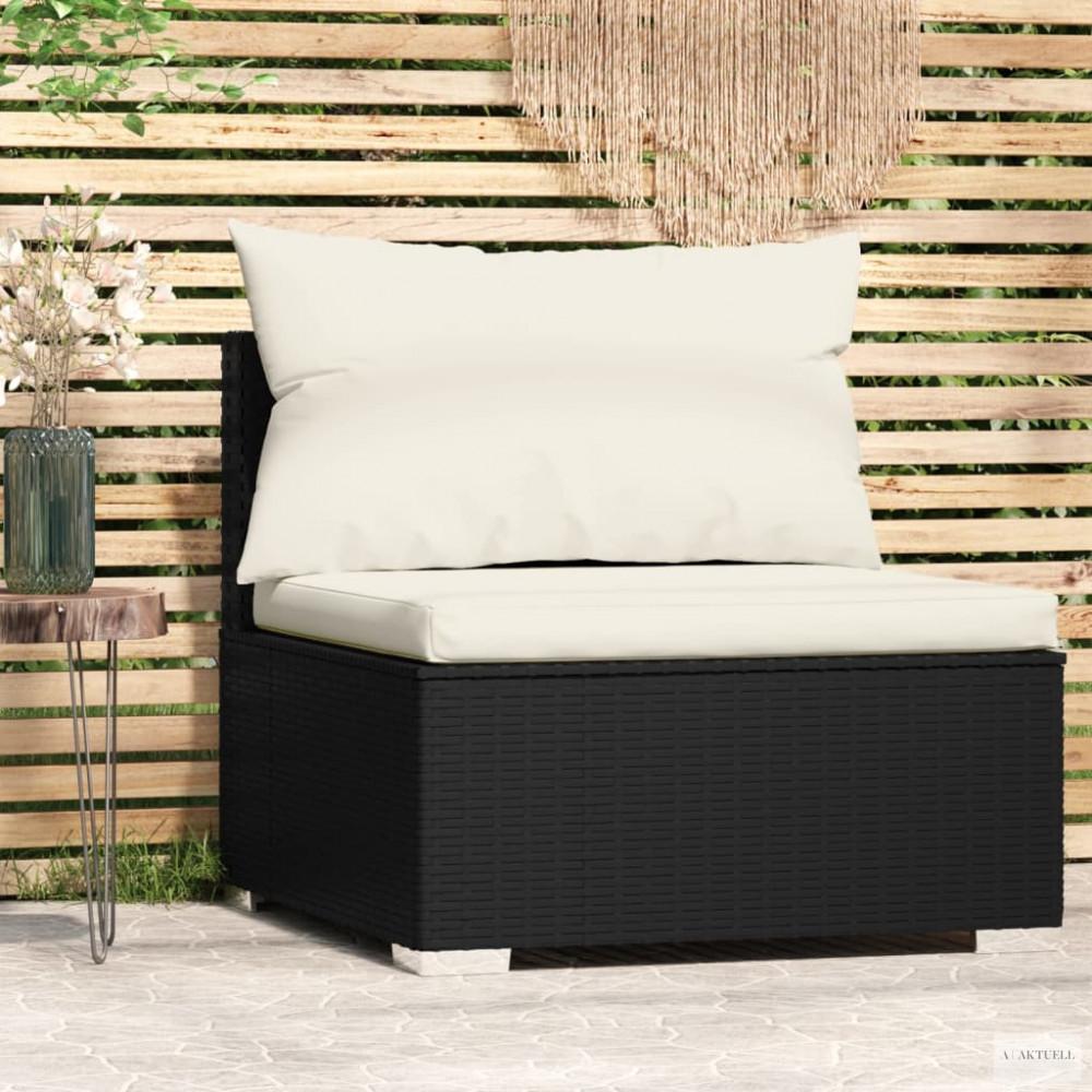 Fekete polyrattan kerti középső kanapé párnákkal