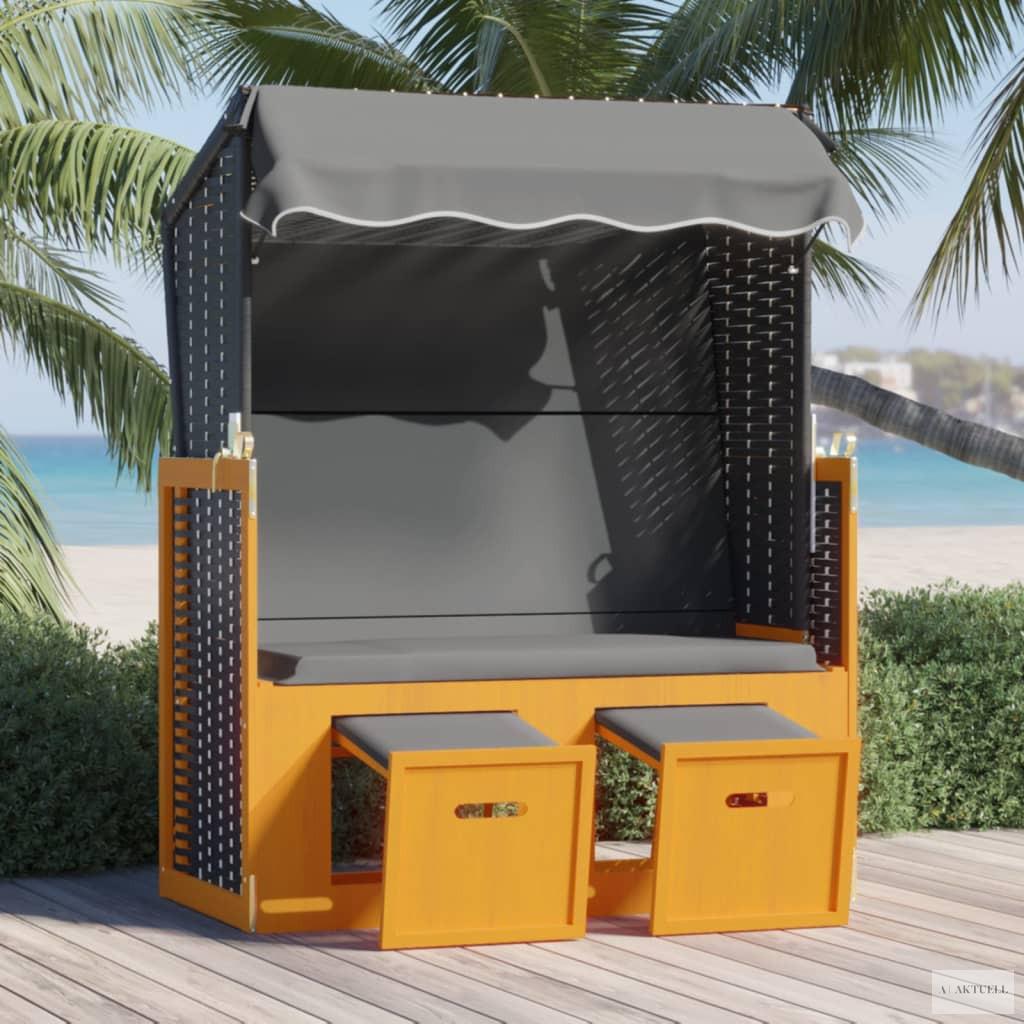 Fekete/antracitszürke polyrattan és tömör fa strandszék tetővel