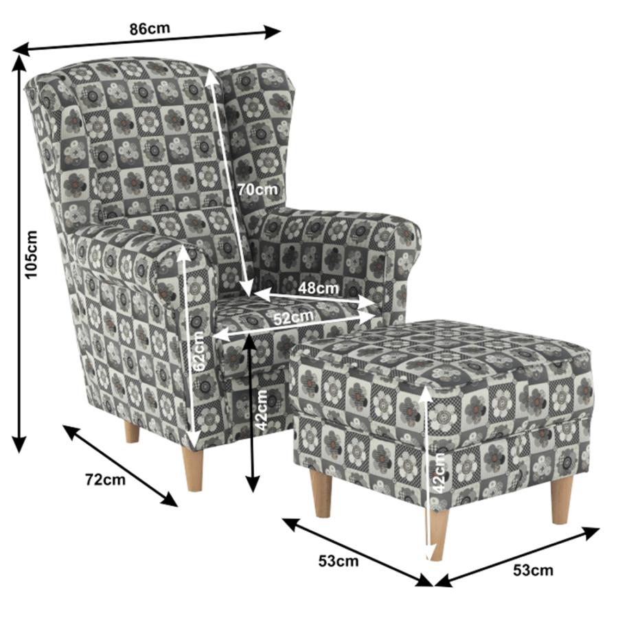 füles fotel puffal, szövet patchwork M1, ASTRID