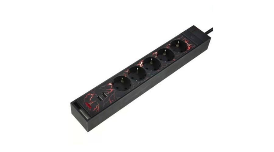 GAO Asztali elosztó "GAMER" 5-ös, 3x1.5, 1.4m 2xUSB, fekete, színes háttérvilágítással