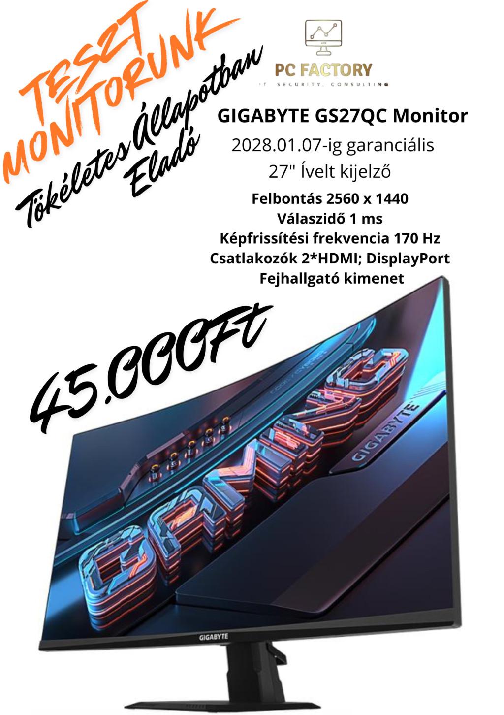 GIGABYTE GS27QC Monitor (Teszt monitorként Használt)