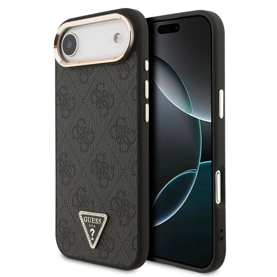 Guess PU Leather 4G Triangle Logo Gold Frame MagSafe tok iPhone 17 Air készülékhez fekete
