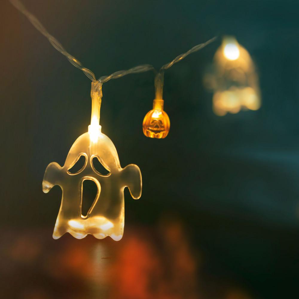 Halloween-i LED-es fényfüzér - szellem, tök - 10 LED - 2 x AA - 1,2 m 56523