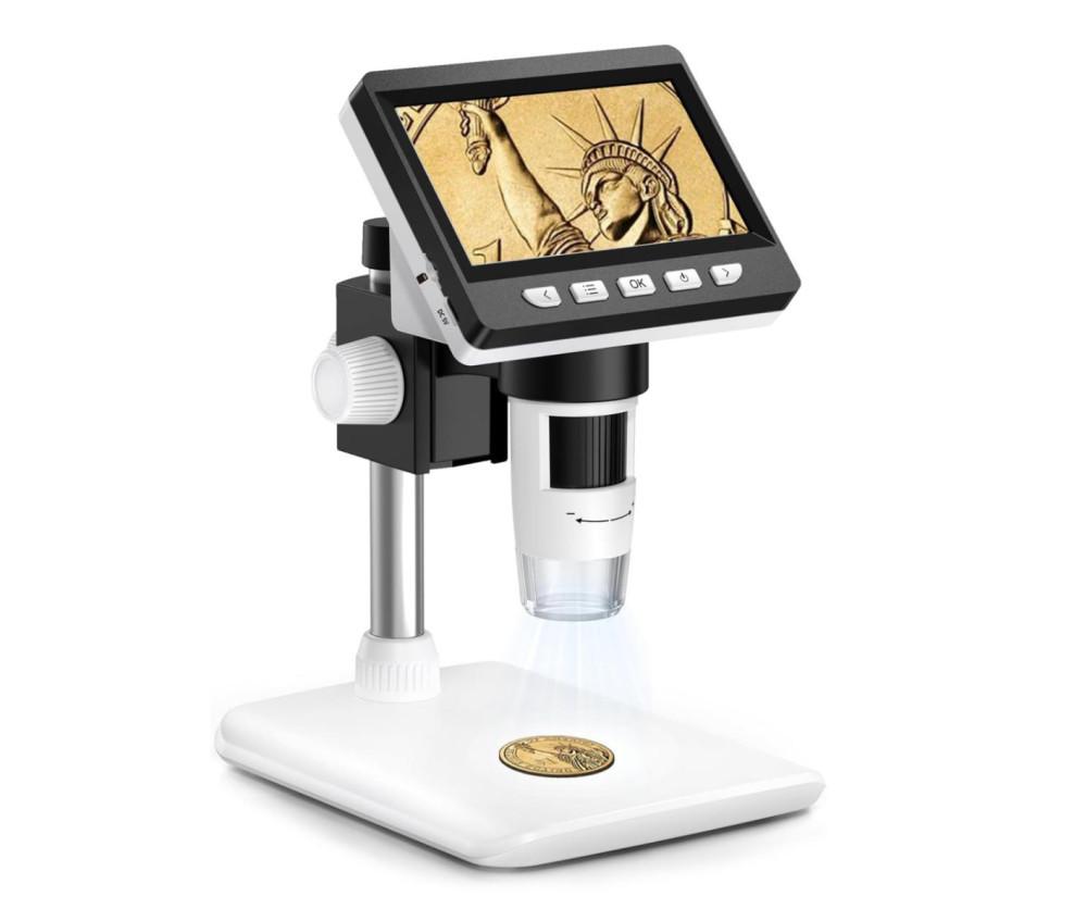 Hordozhatós elektronikus digitális mikroszkóp, 4,3" LCD kijelzővel, MikroSD/TF kártya támogatás, 50X-1000X képnagyítással, fényerősség szabályzó, fehér