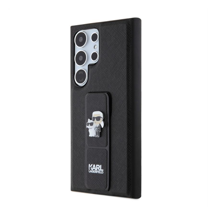 Karl Lagerfeld Gripstand Saffiano Karl&Choupette Pins Samsung Galaxy S24 Ultra tok, fekete