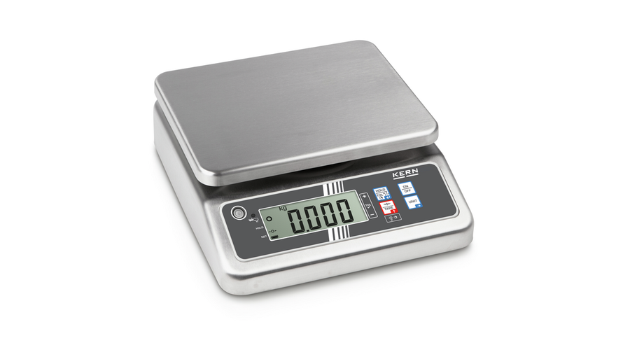KERN FOB 10K-3LM (15000g/5g) rozsdamentes, IP67-es védettség, HACCP kompatibilis digitális asztali mérleg ellenőrző méréssel, hitelesíthető