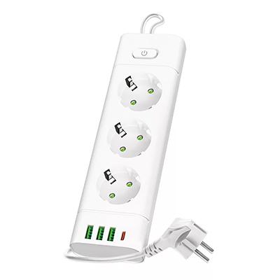 Kobi 3-as elosztó, kapcsolóval (3 földelt + 3 USB-A + 1 USB-C) fehér - 3 m vezetékkel