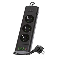 Kobi 3-as elosztó, kapcsolóval (3 földelt + 3 USB-A + 1 USB-C) fekete - 1.5 m vezetékkel
