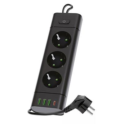 Kobi 3-as elosztó, kapcsolóval (3 földelt + 3 USB-A + 1 USB-C) fekete - 3 m vezetékkel