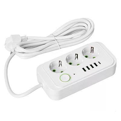 Kobi 3-as elosztó, kapcsolóval (3 földelt + 4 USB-A + 1 USB-C) fehér - 3 m vezetékkel