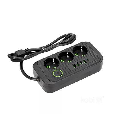Kobi 3-as elosztó, kapcsolóval (3 földelt + 4 USB-A + 1 USB-C) fekete - 1.5 m vezetékkel