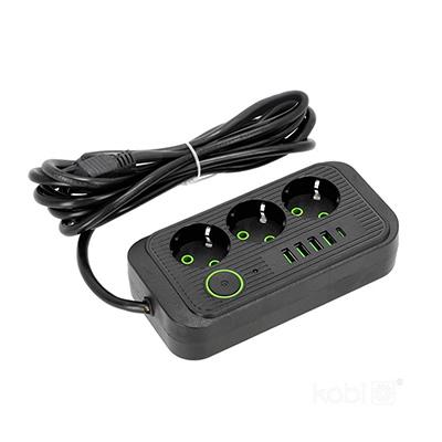 Kobi 3-as elosztó, kapcsolóval (3 földelt + 4 USB-A + 1 USB-C) fekete - 3 m vezetékkel